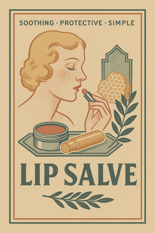 Vintage 1930s lip balm advertisement illustration featuring natural ingredients like beeswax and jojoba, promoting soothing, protective, simple lip care.