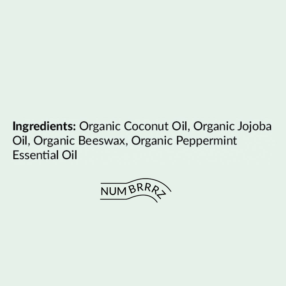 ingredients list - organic coconut oil, organic jojoba oil, organic beeswax, organic peppermint essential oil