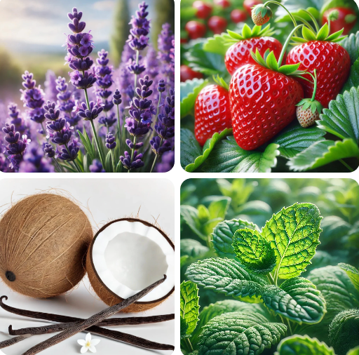 Collage of lavender, strawberries, coconut, vanilla beans, and mint leaves.