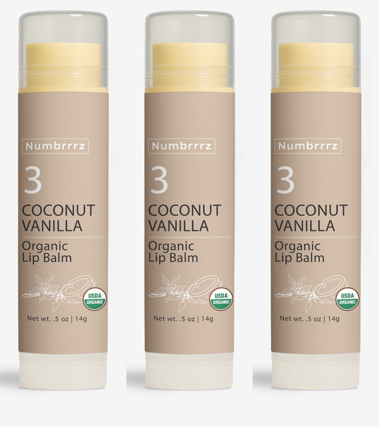 Organic coconut vanilla lip balm with jojoba, beeswax, and coconut oil. Lightly scented with clean, warm aromas for soft, moisturized lips