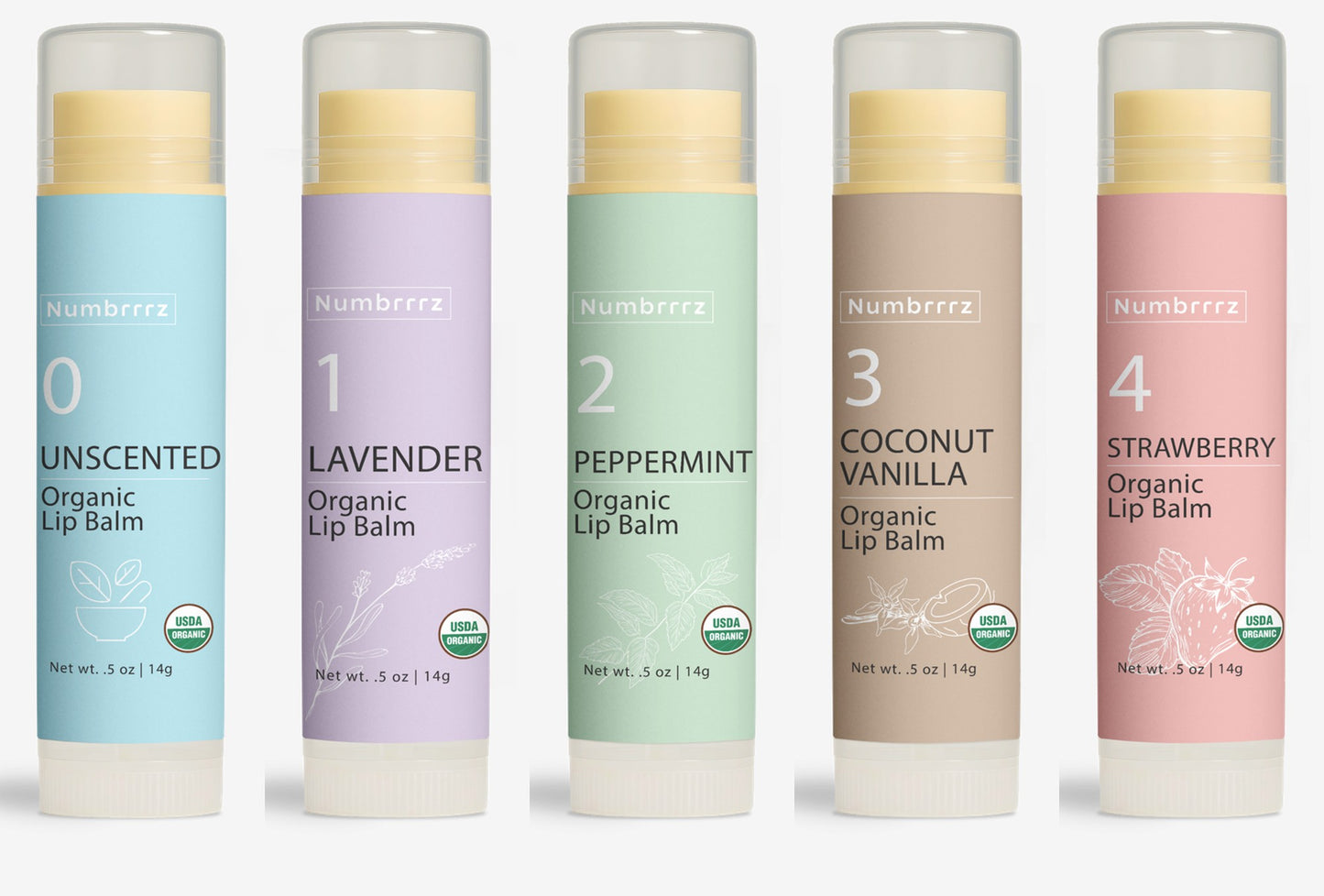 five organic lip balms that vary in scent with a pastel set of colors set on a white background