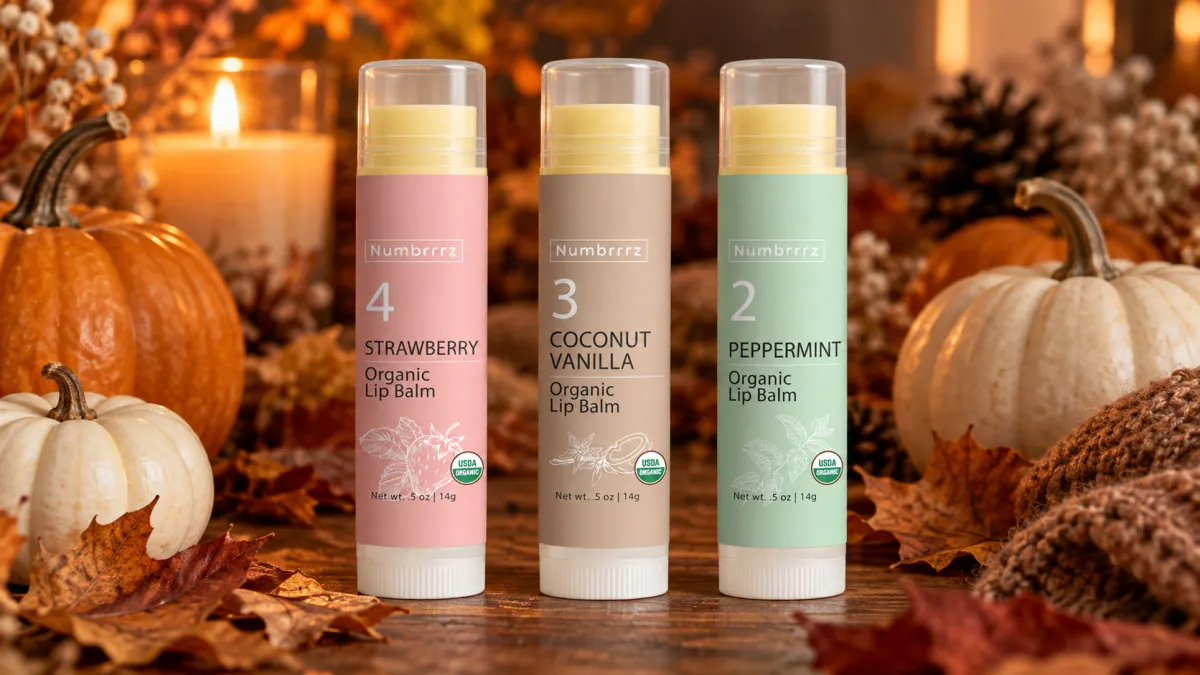 Numbrrrz Strawberry, Coconut Vanilla and Peppermint organic lip balm tubes among pumpkins and autumn leaves