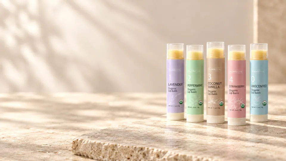 All five Numbrrrz USDA Organic lip balm scents in a row