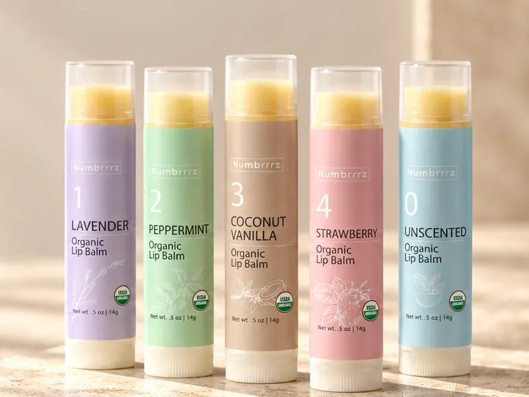 Five Numbrrrz USDA Organic lip balm tubes, Lavender, Peppermint, Coconut Vanilla, Strawberry and Unscented, standing on warm stone in morning sunlight