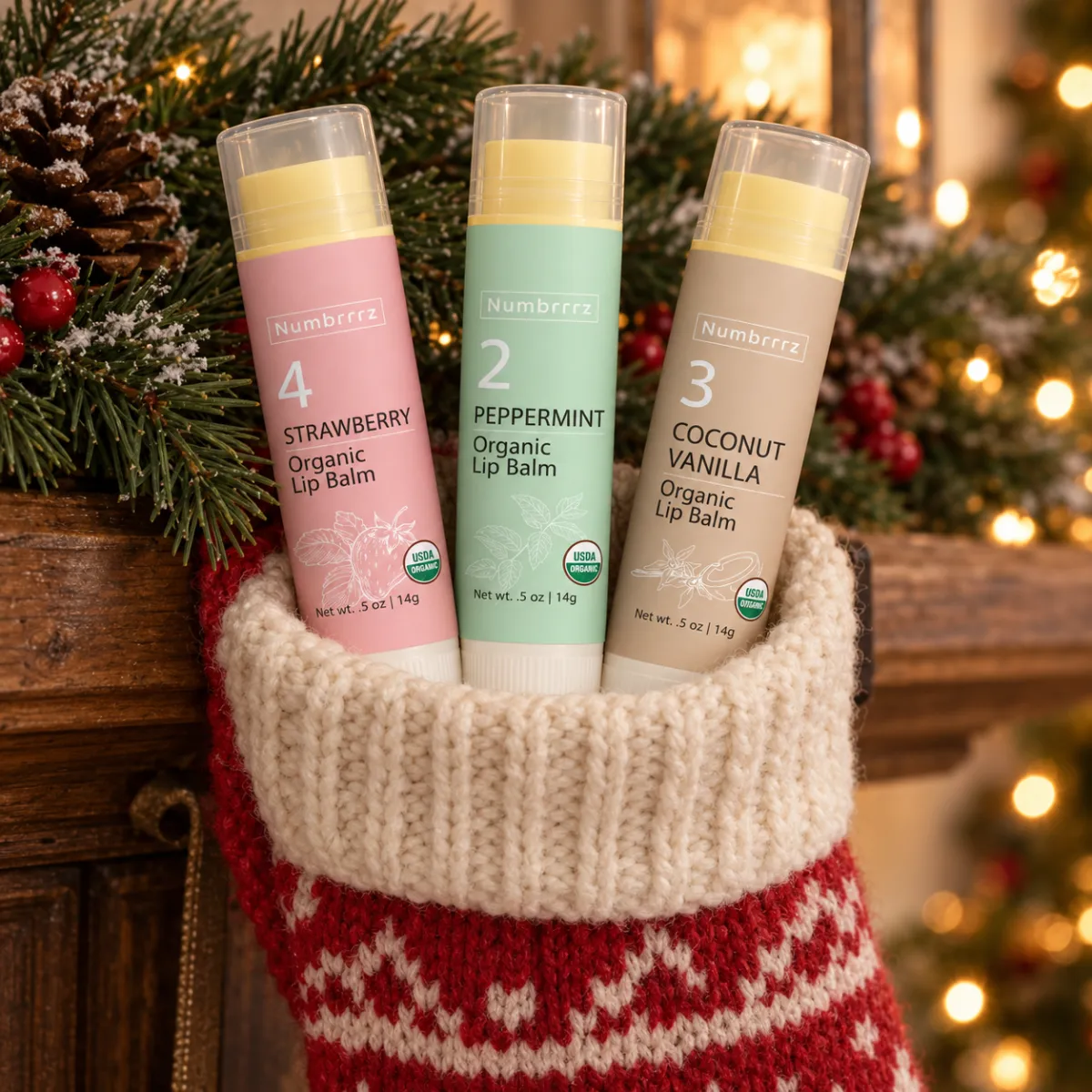 Numbrrrz Peppermint, Strawberry and Coconut Vanilla lip balm in a holiday stocking