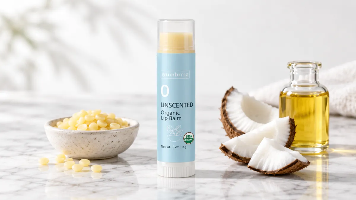 Numbrrrz Unscented organic lip balm with its base ingredients