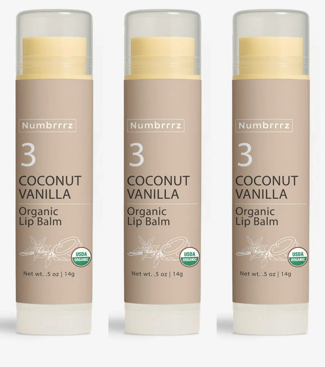 Numbrrrz Coconut Vanilla Lip Balm — Close-Up with Cap Open