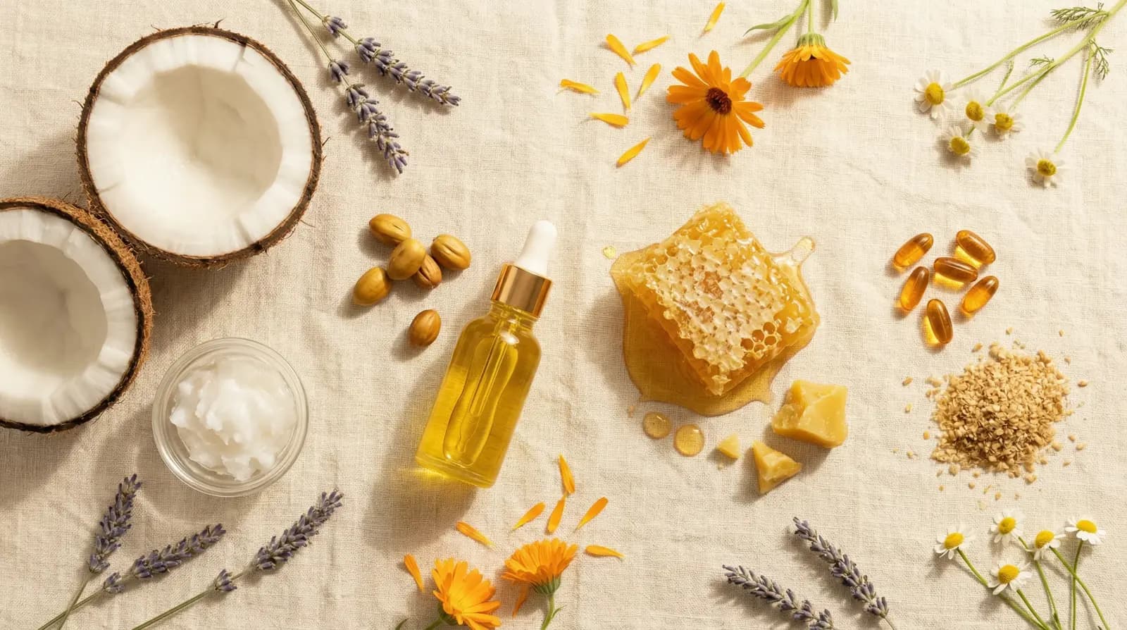 Our four organic ingredients: coconut oil, jojoba oil, beeswax, and vitamin E