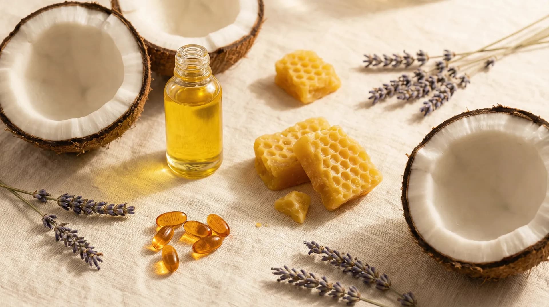 Our four organic ingredients: coconut oil, jojoba oil, beeswax, and vitamin E