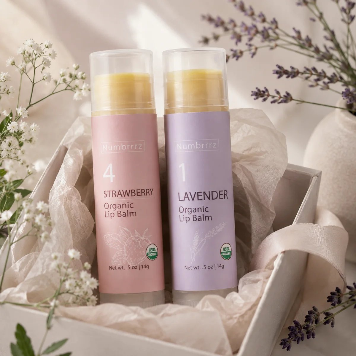 Numbrrrz Strawberry and Lavender USDA Organic lip balm Starter 2-Pack in oversized 0.5 oz tubes