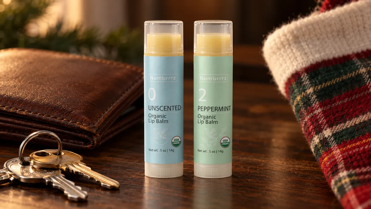 Numbrrrz Unscented and Peppermint organic lip balm tubes on dark wood with a leather wallet, keys and a plaid stocking