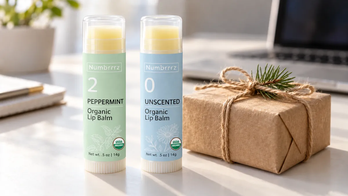 Numbrrrz Peppermint and Unscented organic lip balm tubes beside a kraft-paper gift tied with twine and a pine sprig on a sunny office desk