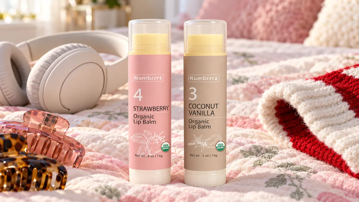 Numbrrrz Strawberry and Coconut Vanilla organic lip balm tubes on a pastel quilt with headphones, claw clips and a red knit stocking