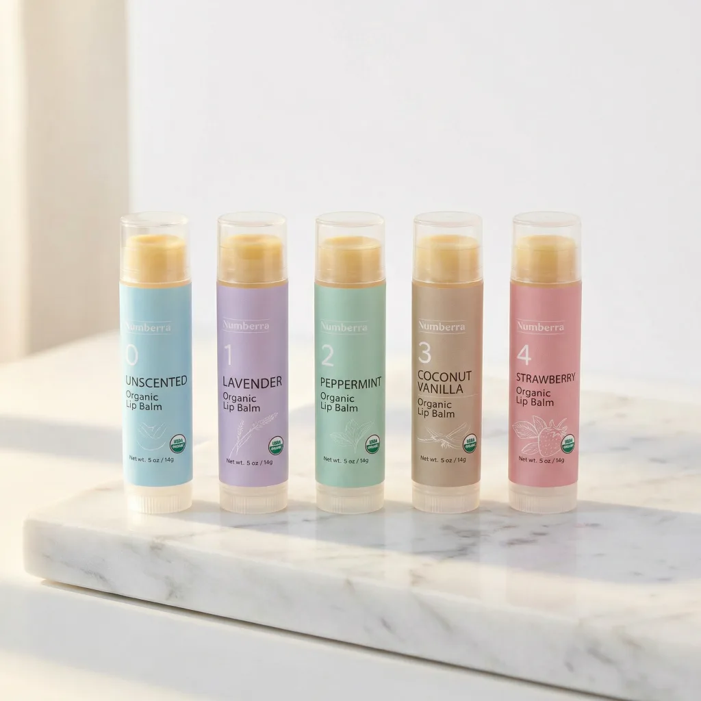 All five Numbrrrz organic lip balm flavors