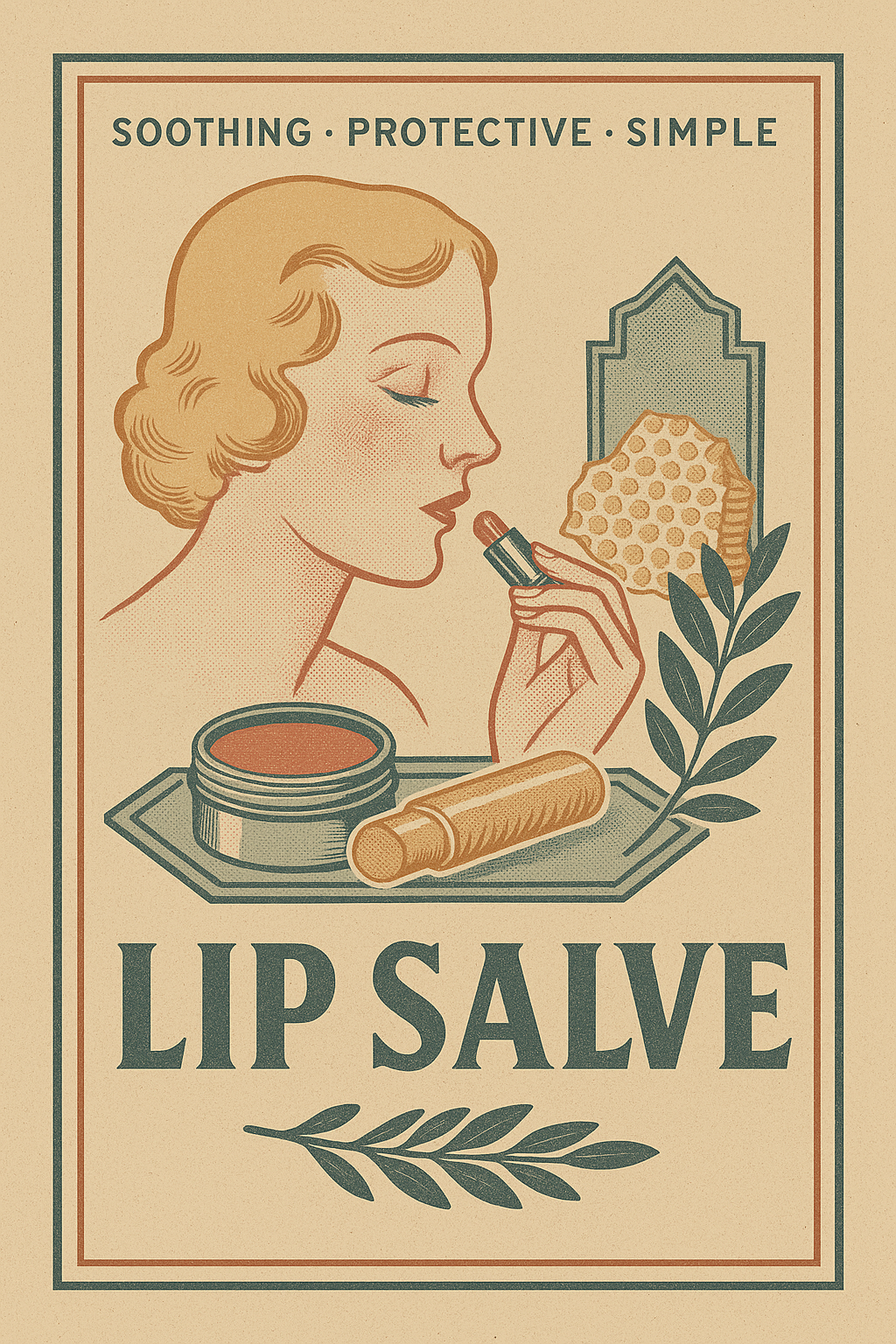Vintage 1930s lip balm advertisement illustration featuring natural ingredients like beeswax and jojoba, promoting soothing, protective, simple lip care.
