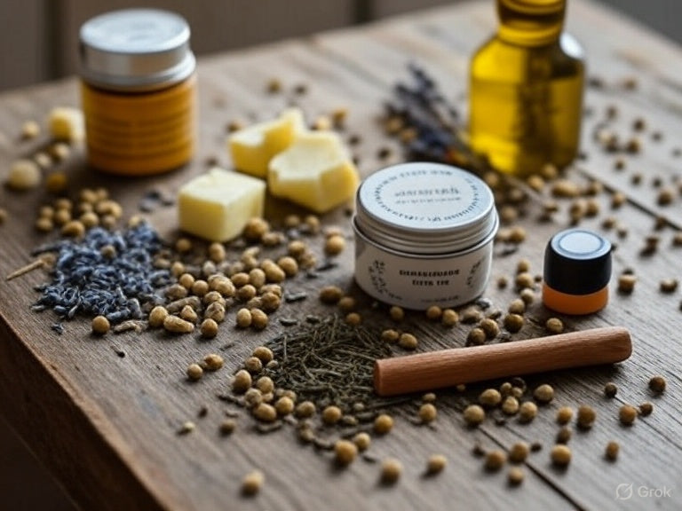 Assortment of natural ingredients for homemade lip balm on a wooden table, including a bottle of olive oil, chunks of shea butter, beeswax in a jar, scattered lavender flowers, dried herbs, seeds, an essential oil bottle, and a cinnamon stick.