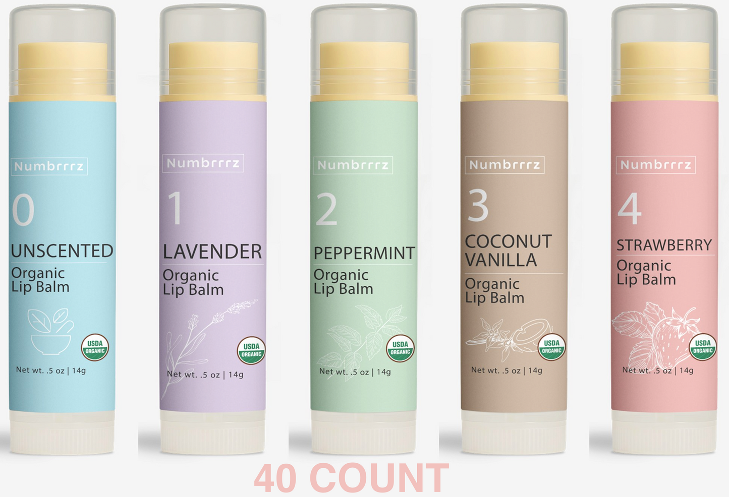 set of 40 lip balms in 5 scents, unscented, lavender, peppermint, coconut vanilla and strawberry in varying pastel colors set on a white background