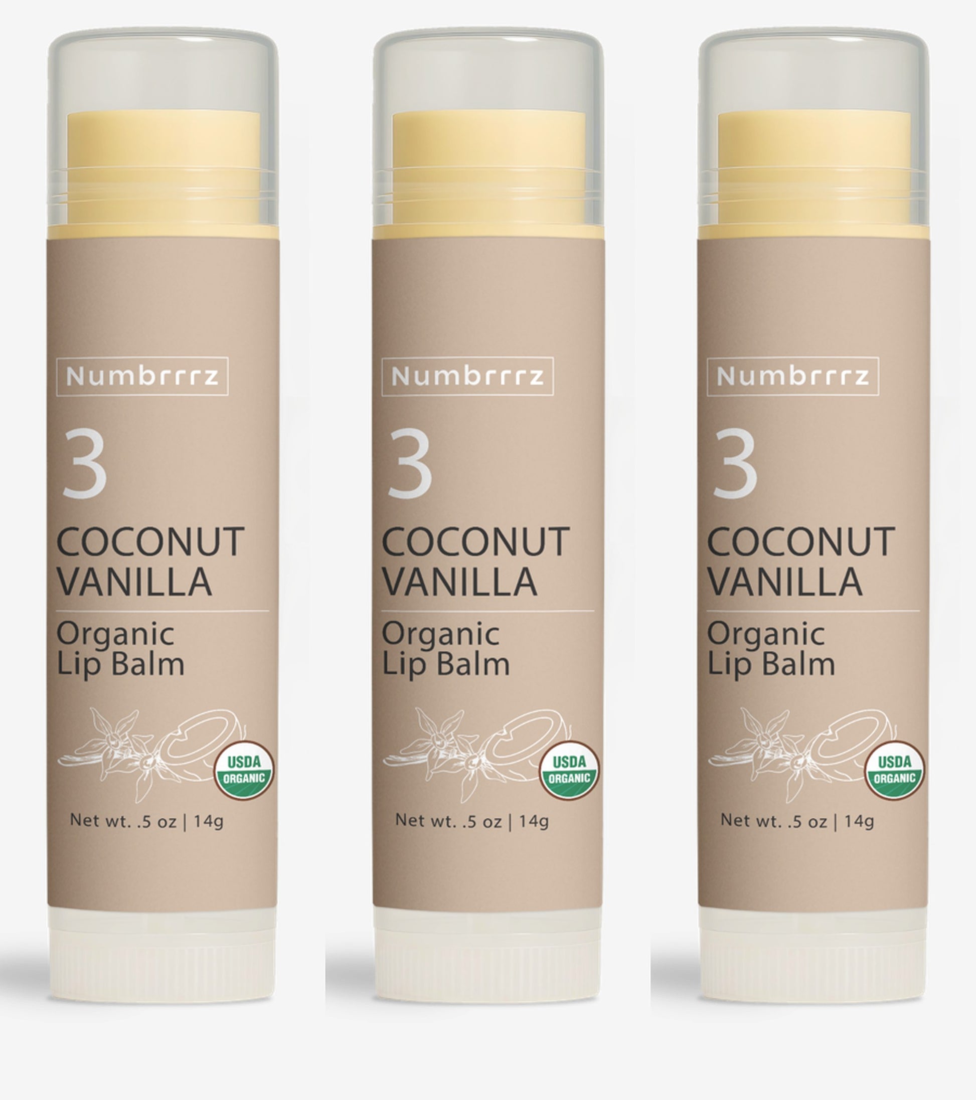 Organic coconut vanilla lip balm with jojoba, beeswax, and coconut oil. Lightly scented with clean, warm aromas for soft, moisturized lips