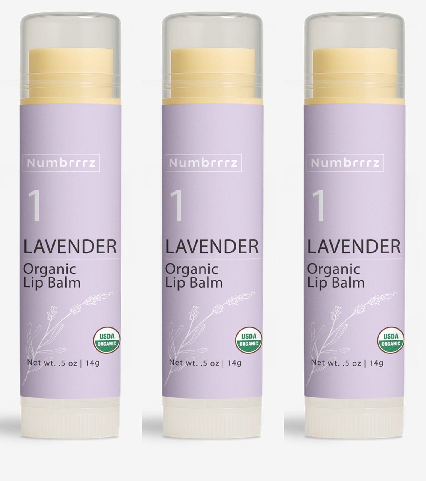 Numbrrrz lavender organic lip balm made with beeswax, jojoba oil, and coconut oil — lightly scented with real lavender essential oil. A clean, non-toxic chapstick alternative for dry lips and sensitive skin.