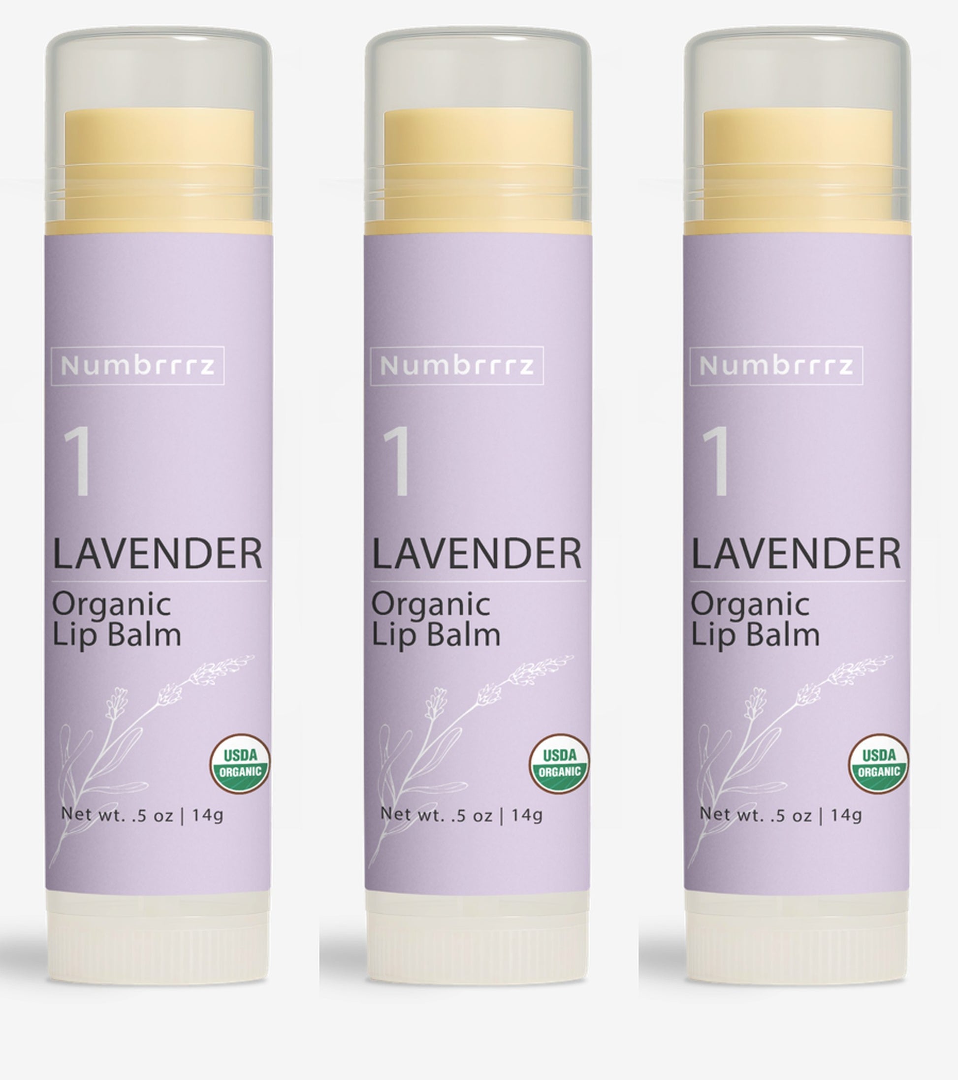 Numbrrrz lavender organic lip balm made with beeswax, jojoba oil, and coconut oil — lightly scented with real lavender essential oil. A clean, non-toxic chapstick alternative for dry lips and sensitive skin.