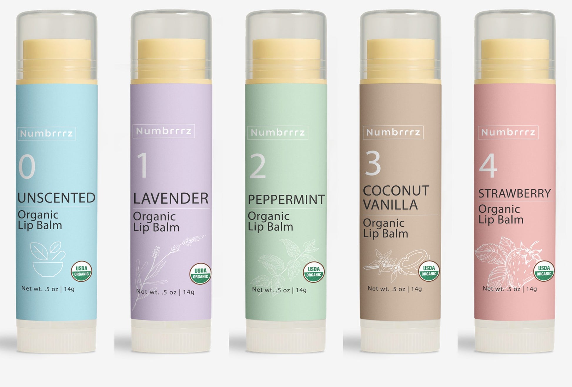 five organic lip balms that vary in scent with a pastel set of colors set on a white background