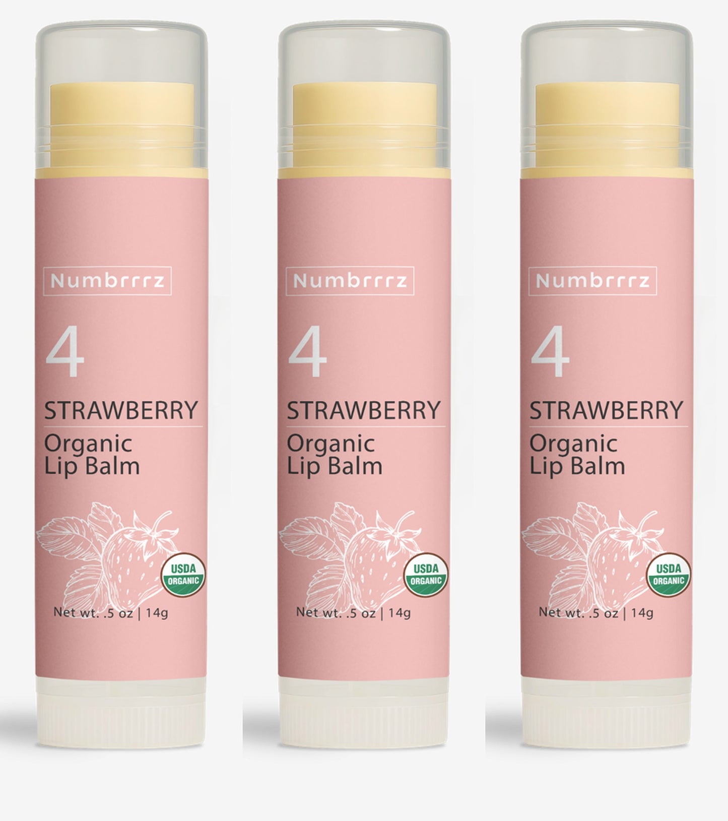 Strawberry lip balm made with organic coconut oil, jojoba, and beeswax for lightweight hydration and a subtle scent