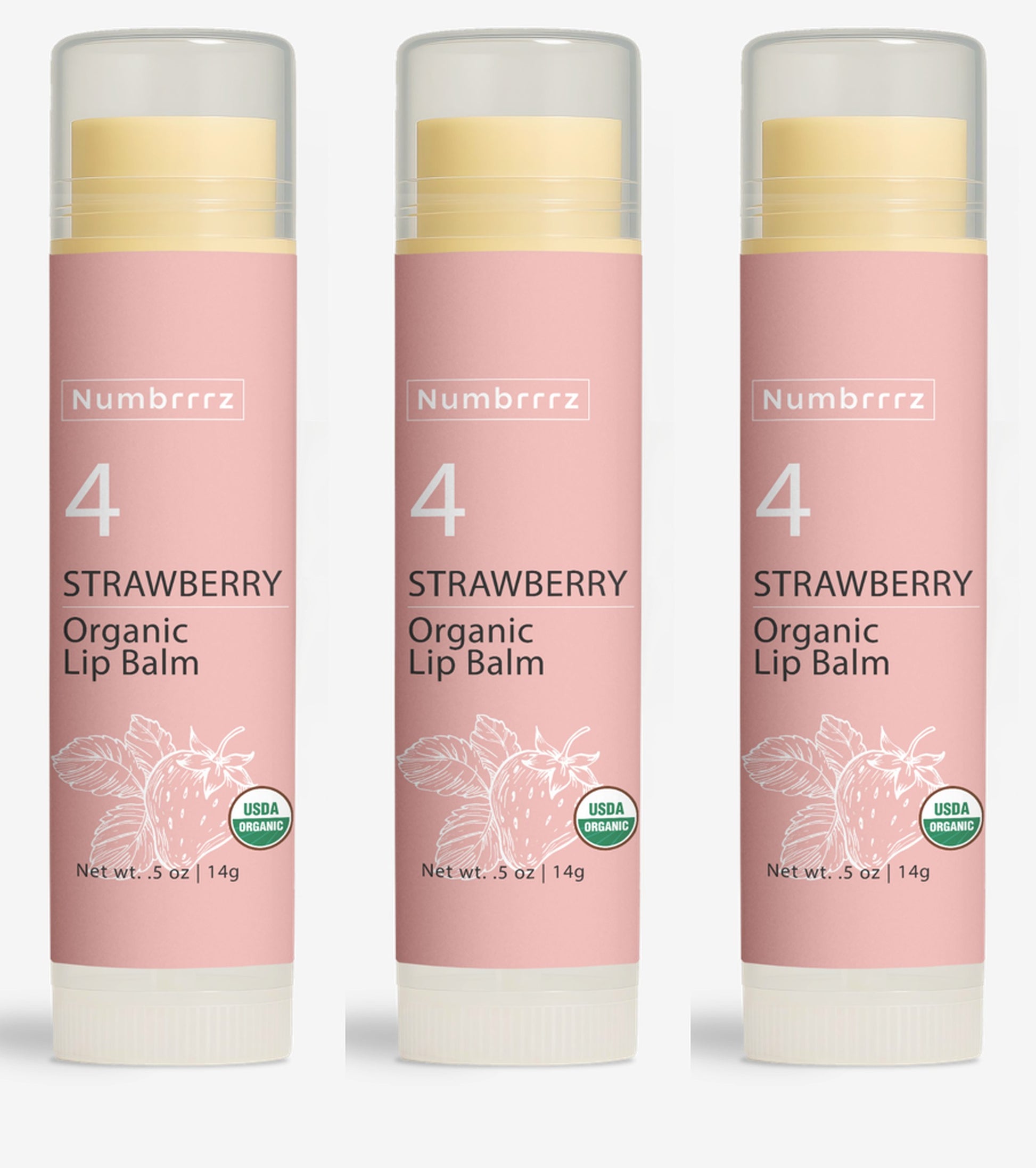 Strawberry lip balm made with organic coconut oil, jojoba, and beeswax for lightweight hydration and a subtle scent